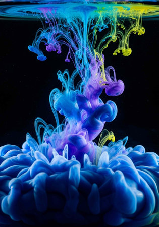 Colorful ink dispersing in water, forming intricate patterns and swirling shapes in shades of blue,...