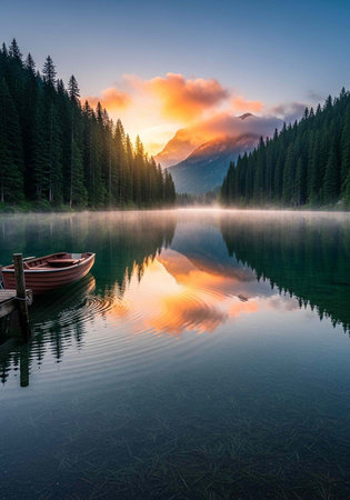 Peaceful lake with red boat, surrounded by evergreen trees and misty mountains at sunriseの写真素材