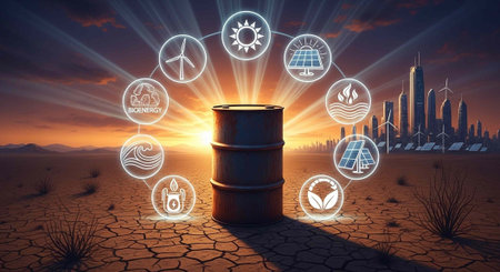 A metal barrel stands in a cracked desert with renewable energy icons and a city skyline at sunsetの写真素材