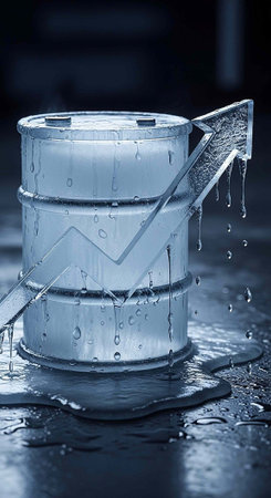 Metal barrel with water droplets and arrow on side, sitting on wet surfaceの写真素材