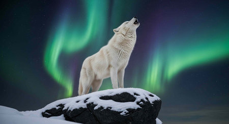 White wolf stands on snowy rock, howling at night sky with green aurora borealis