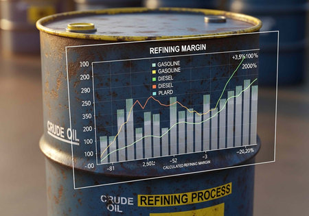Blue oil barrel with graph showing refining margin trends for gasoline, diesel, and other petroleum...