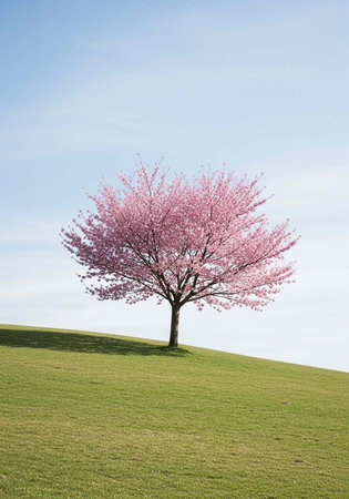 A single tree with pink blossoms on a grassy hill with a clear blue sky background.