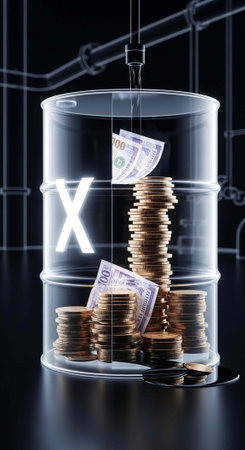 Clear oil barrel filled with stacked coins and banknotes, glowing white X, against dark industrial...