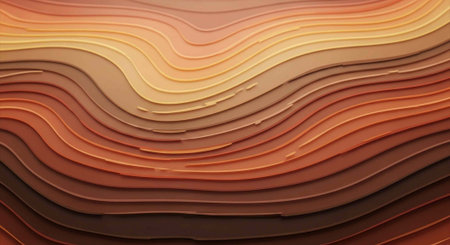Colorful abstract design featuring wavy, layered lines in various brown, orange, and yellow shades