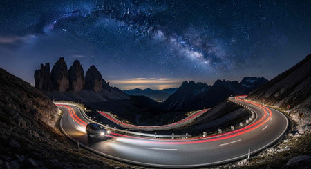A curved road winds through mountains under a starry night sky with the Milky Way visibleの写真素材