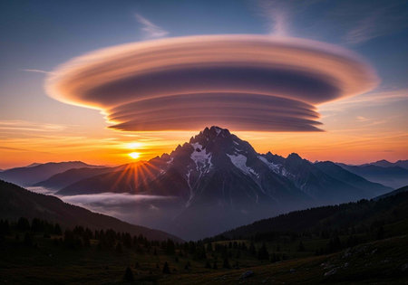 Breathtaking mountain scenery with a large, unusual cloud, snow-covered peak, and sunset colors.