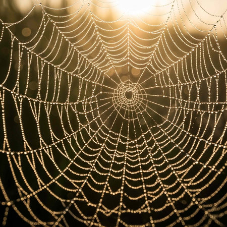 Close-up of a spider web covered in dew droplets shining in sunlightの写真素材