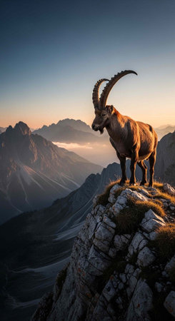A large brown goat with curved horns stands on a rocky outcrop overlooking a serene mountain valley