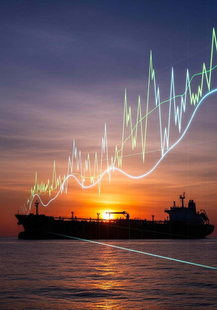 Cargo ship silhouette on water at sunset with vibrant graph lines overlaying the skyの写真素材