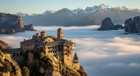 A historic monastery sits atop a rugged cliff amidst fog and snow-capped mountains.