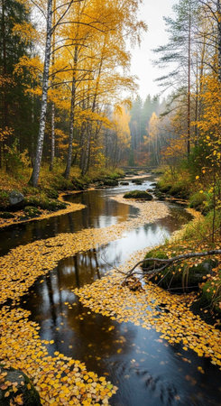 Winding river flows through autumn forest with yellow leaves, tall trees, and rocks under a bright skyの写真素材