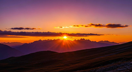 Serene landscape of hills and mountains at sunset with warm colors and clouds in the skyの写真素材