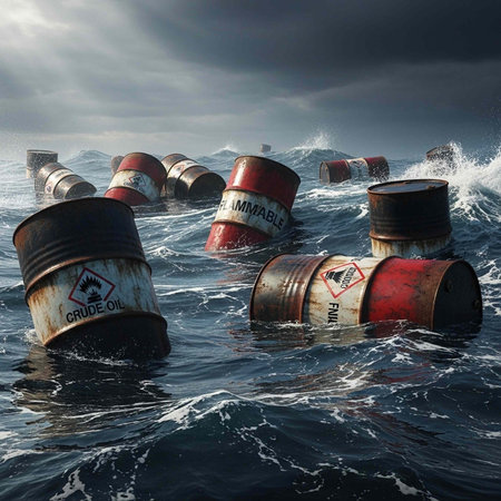 Rusty oil barrels with warning labels float in choppy waters under a dark, cloudy sky.