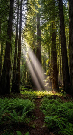 Dense forest with tall trees, ferns, and sunbeams creating a serene atmosphere, natural beauty.