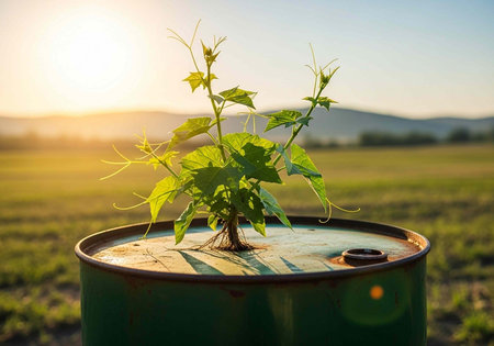 Small green plant sprouts from a weathered green metal barrel in a lush field at dusk