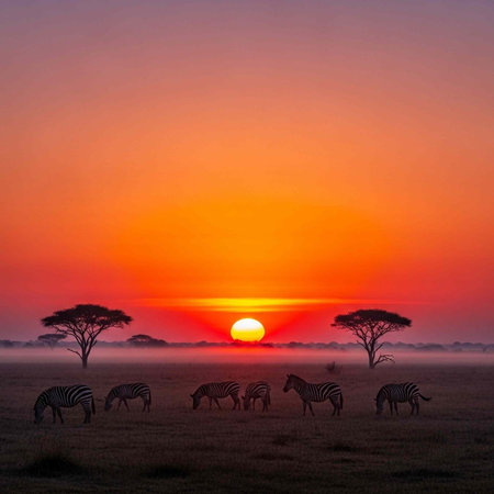 Zebras grazing in savannah at sunset with acacia trees and vibrant orange skyの写真素材