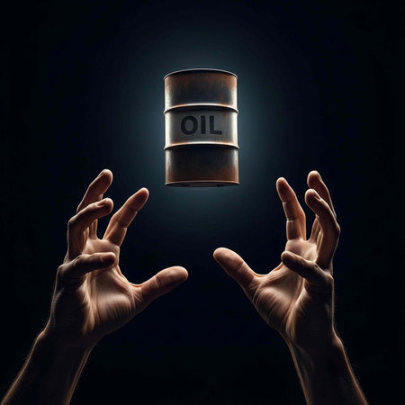 Two hands reaching up towards a floating oil barrel in darkness