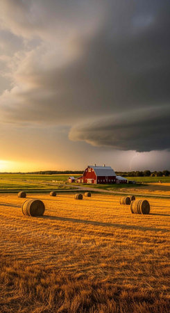 A red barn stands amidst hay bales in a golden field under a dramatic stormy sky at sunset
