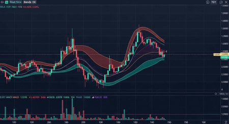Financial chart with wavy lines, red and green bars, and grid pattern on dark blue background