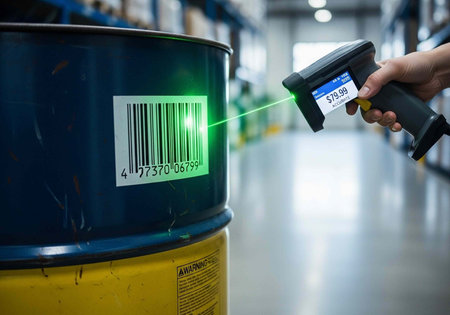 Handheld scanner reads barcode on blue and yellow industrial drum in warehouse storage room with...