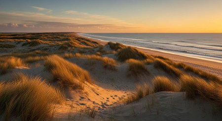 Peaceful beach scene with sand dunes, grass, and calm waves under a colorful sunset skyの写真素材