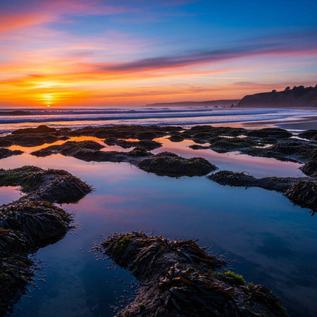 Peaceful beach scene with mossy rocks, still water, and a colorful sunset skyの写真素材