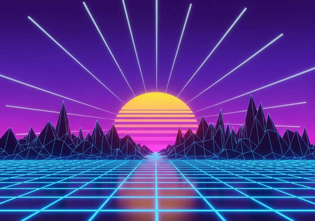 Futuristic landscape with grid, sun, and mountains in neon colors, retro-style digital illustration