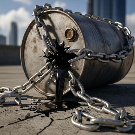 A metal barrel with chains and a spike protruding from a hole on cracked concreteの写真素材