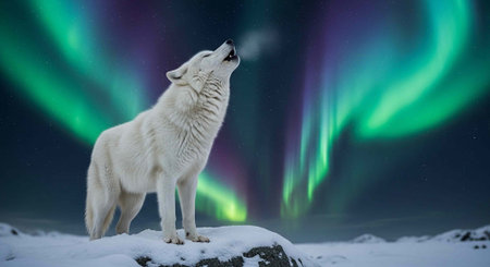 White wolf stands on snowy rock, howling at night sky with colorful aurora borealis displayの写真素材