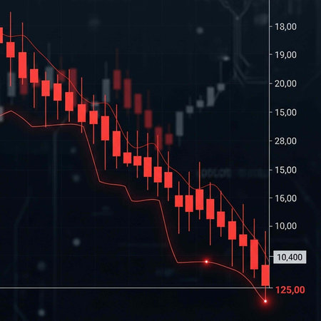 A downward trending stock market graph with red candlesticks on a dark background