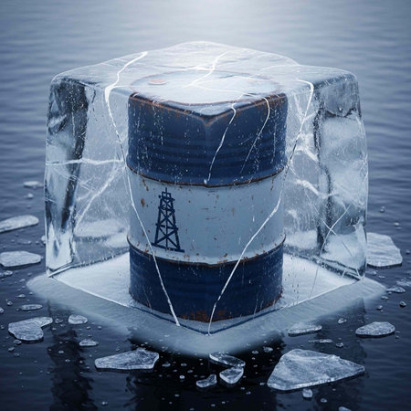 Oil barrel encased in cracked ice block on water with ice floes