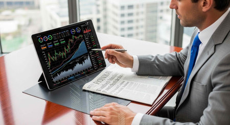 Man in suit examining graphs on tablet with pen, papers on desk, cityscape background