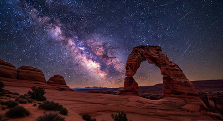 Majestic red rock arch under starry night sky with Milky Way visible in desert landscapeの写真素材