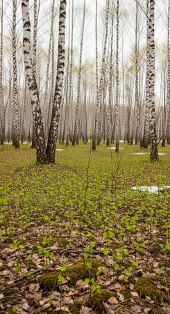 A forest of slender birch trees with green undergrowth and patches of snow on the groundの写真素材