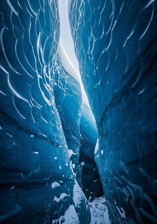 A stunning ice cave with deep blue walls and a narrow opening to the outsideの写真素材