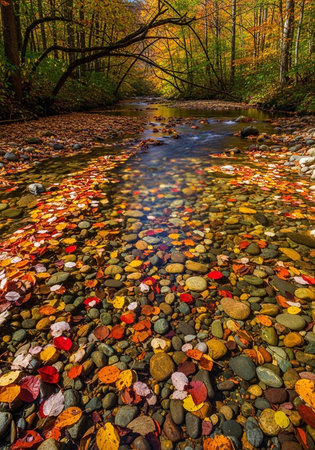 Peaceful forest scene with a stream, vibrant autumn leaves, and smooth rocks in clear waterの写真素材