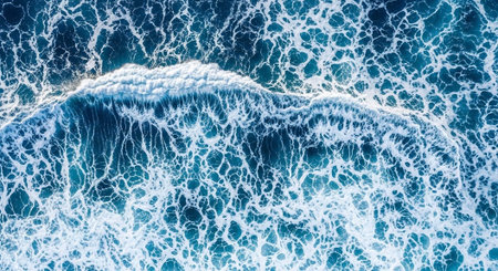 Ocean wave with white foam and deep blue water seen from above in motion