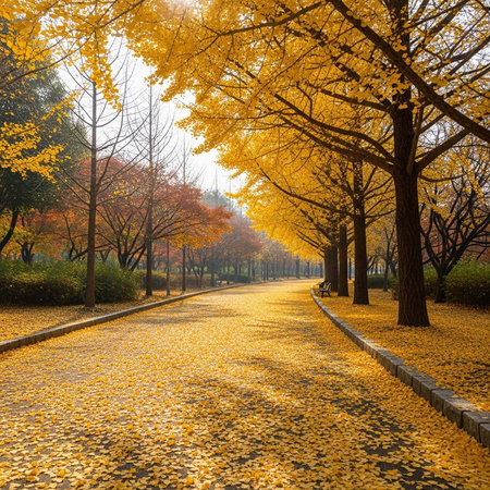 A picturesque road covered in yellow leaves, lined with trees displaying autumn colors.