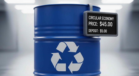 Blue metal barrel with recycling symbol and price tag in a blurred industrial setting