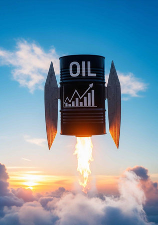 Black oil barrel with rocket fins and graph blasting off into cloudy sky at sunset