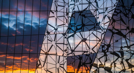 Shattered glass facade with metal framework reflecting sunset with orange, purple, and blue hues.