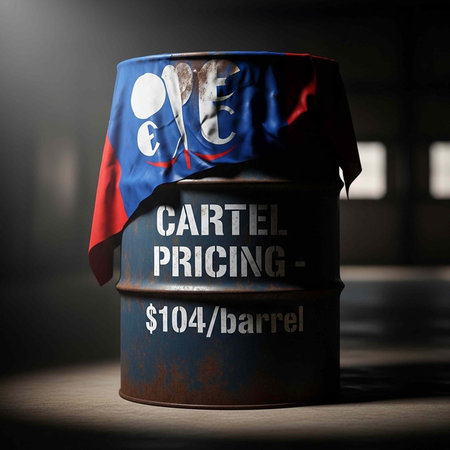 A rusty oil barrel with cartel pricing information in a dimly lit spaceの写真素材
