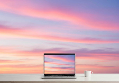 Open laptop and white coffee cup on a desk with a colorful sunset sky background