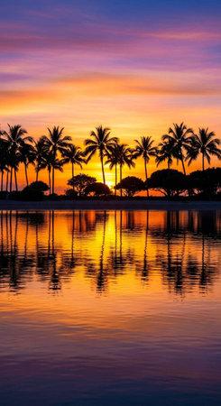 Peaceful landscape of palm trees silhouetted against a vibrant sunset reflected in still waterの写真素材