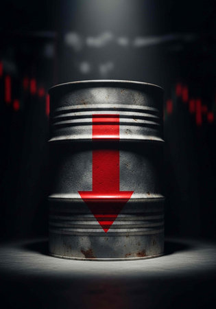 Gray metal barrel with red arrow pointing down on dark background with red graphの写真素材