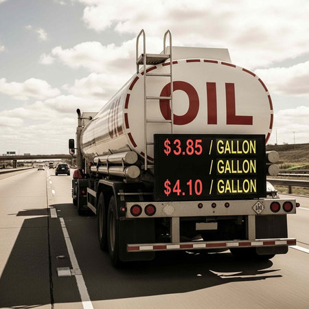 Large oil tanker truck on highway with digital price board displaying fuel prices