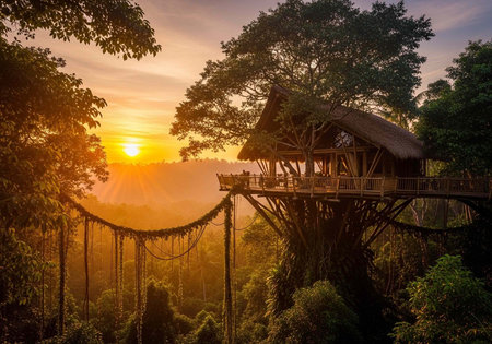 A treehouse with a thatched roof and wooden deck sits atop a tall tree with a stilted bridge at...
