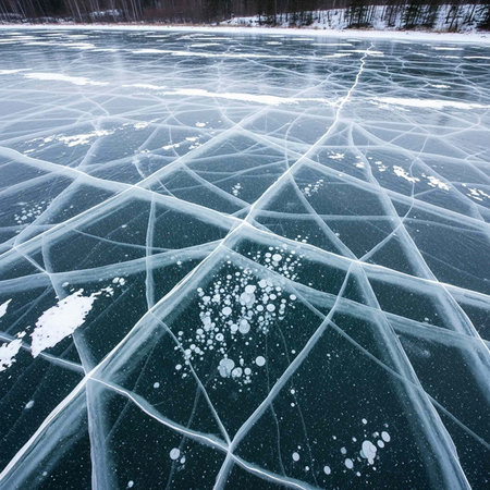 A frozen lake with cracked ice and scattered snow, set against a winter landscape