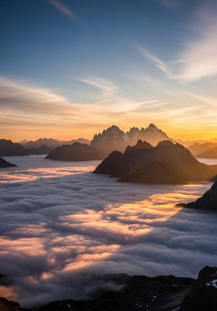 Mountain peaks rising above sea of clouds at sunrise, warm light casting orange glowの写真素材